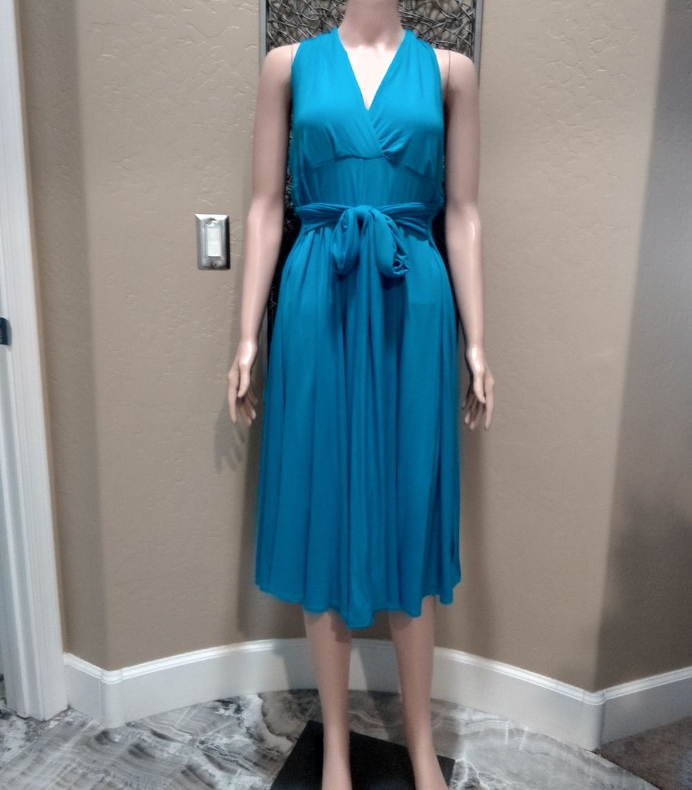 Boston Proper Teal Knit Sleeveless V-Neck Tie-Waist Halter Midi Dress